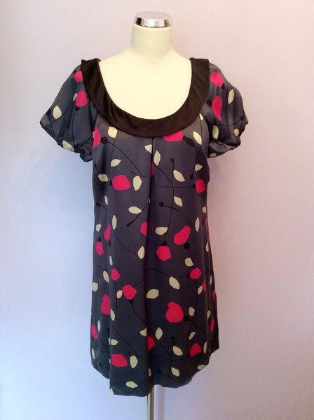 Monsoon Dark Grey Print Silk Dress Size 12 Petite - Whispers Dress Agency - Sold - 1