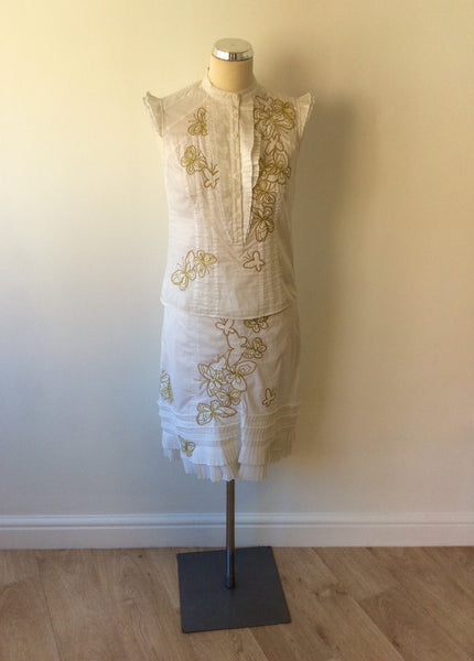 KAREN MILLEN WHITE COTTON & GOLD EMBROIDERED BUTTERFLY TOP & SKIRT SIZE 10 - Whispers Dress Agency - Womens Dresses - 1