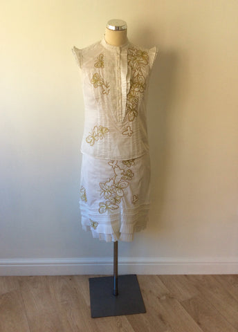 KAREN MILLEN WHITE COTTON & GOLD EMBROIDERED BUTTERFLY TOP & SKIRT SIZE 10 - Whispers Dress Agency - Womens Dresses - 1