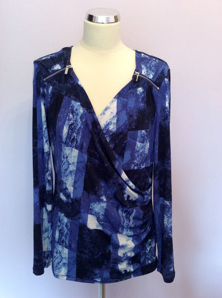 Michael Kors Blue & White Print Wrap Top Size L - Whispers Dress Agency - Sold - 1