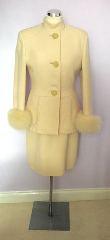 Designer Tomasz Starzewski Buttermilk Cream Dress & Jacket Fur Cuff Suit Size 12 - Whispers Dress Agency - Womens Suits & Tailoring - 1