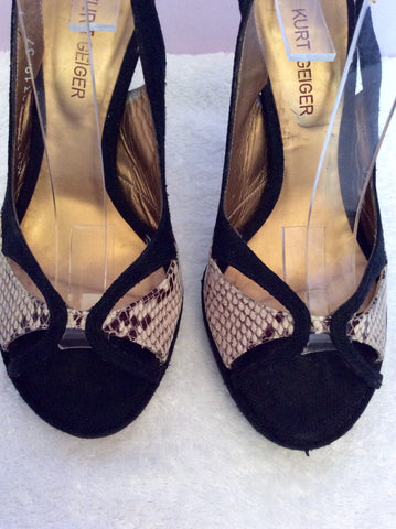 Kurt Geiger Black Canvas & Beige Snakeskin Slingback Heels Size 4/37 - Whispers Dress Agency - Womens Heels - 3