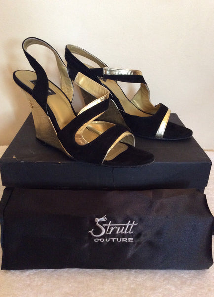 Strutt Couture Black & Gold Wedge Heel Sandals Size 6/39 - Whispers Dress Agency - Womens Wedges - 1