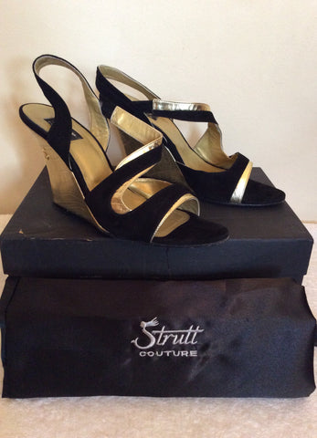 Strutt Couture Black & Gold Wedge Heel Sandals Size 6/39 - Whispers Dress Agency - Womens Wedges - 1