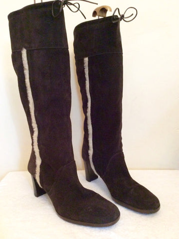 Italian Ambre Dark Brown Suede Faux Fur Trim Boots Size 7.5/41 - Whispers Dress Agency - Womens Boots - 1
