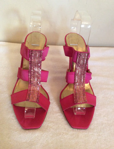 Brand New LK Bennett Fuchsia Pink Satin Jewelled Heel Mules Size 7/40 - Whispers Dress Agency - Sold - 1