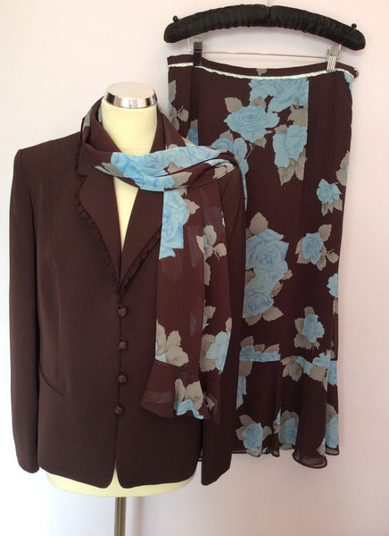 Jacques Vert Brown Jacket & Floral Skirt & Scarf Suit Size 14 - Whispers Dress Agency - Sold - 1
