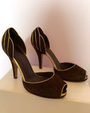 French Connection Brown Suede & Gold Trim Peeptoe Heels Size 6/39 - Whispers Dress Agency - Womens Heels - 1