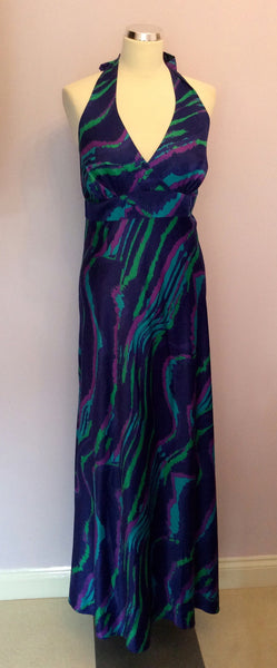 Debut Purple, Pink & Green Print Satin Halterneck Maxi Dress Size 16 - Whispers Dress Agency - Womens Dresses - 1