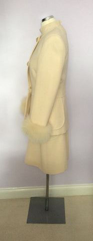 Designer Tomasz Starzewski Buttermilk Cream Dress & Jacket Fur Cuff Suit Size 12 - Whispers Dress Agency - Womens Suits & Tailoring - 2