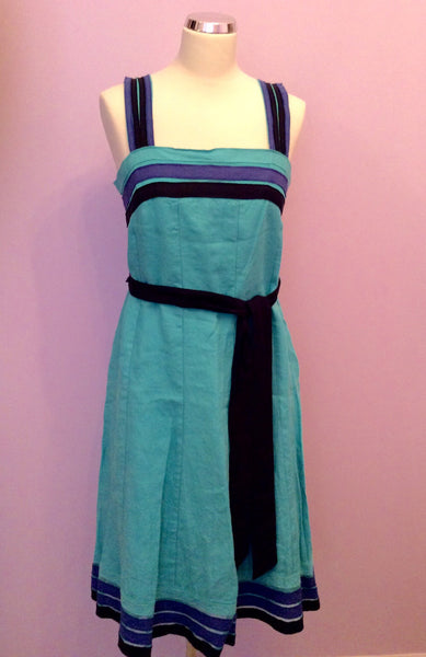 Brand New Per Una Green With Blue & Black Trim Linen Dress Size 14 - Whispers Dress Agency - Womens Dresses - 1