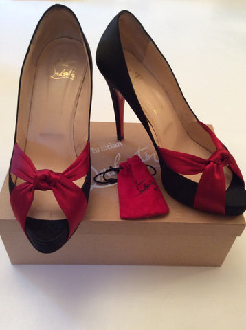 Christian Louboutin Mouskito Black & Red Satin Peeptoe Heels Size 7.5/41 - Whispers Dress Agency - Sold - 1