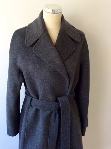 JAEGER GREY WOOL & CASHMERE DOUBLE BREASTED BELTED KNEE LENGTH COAT SIZE 12 - Whispers Dress Agency - Sold - 3