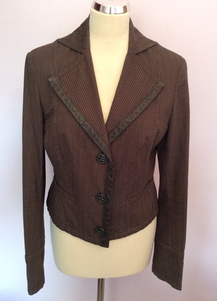 MARC AUREL BROWN PINSTRIPE JACKET WITH LEATHER TRIM SIZE 40 UK 12 - Whispers Dress Agency - Womens Coats & Jackets - 1