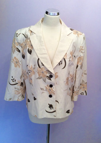 Minuet Cream & Brown Floral Print Silk & Linen Jacket Size 18 - Whispers Dress Agency - Womens Coats & Jackets - 1