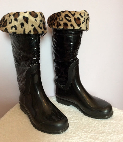 Leopard Print Faux Fur Trim Black Wellington/Rain Boots Size 6/39 - Whispers Dress Agency - Sold - 1