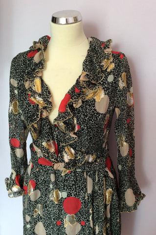 Anna Sui Black & Metallic Print Silk Wrap Dress Size 2 UK 6/8 - Whispers Dress Agency - Sold - 2