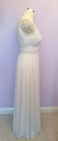 PRETTY DRESS LONG WHITE PEARL & DIAMANTÉ GRECIAN STYLE EVENING DRESS SIZE 10 - Whispers Dress Agency - Womens Eveningwear - 2
