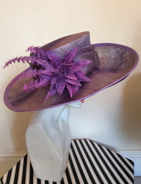 Snoxell Gwyther Dark Lilac / Mauve Wide Brim Flower Trim Formal Hat - Whispers Dress Agency - Womens Formal Hats & Fascinators - 1