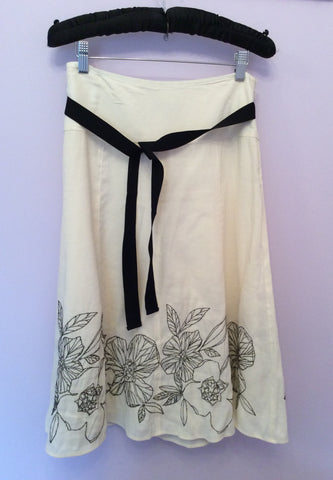 Monsoon White & Black Floral Embroidered Linen Blend Skirt Size 8 - Whispers Dress Agency - Womens Skirts - 1